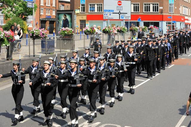 More than 200 reservists from HMS King Alfred, the naval reserve unit now based at HMS Excellent Whale Island, pictured exercising their right to march through Portsmouth as Freemen of the City.  Picture: Malcolm Wells (112458-551)