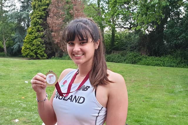 Serena Vincent with her gold medal for winning the World Schools shot put (3kg) title in Croatia in 2019