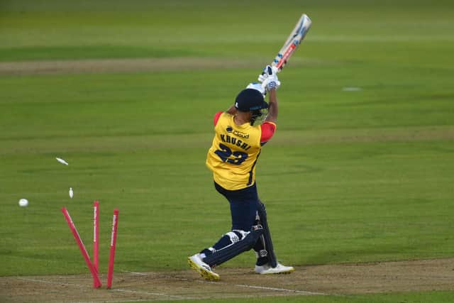 Feroze Khushi of Essex Eagles is clean bowled by James Fuller. Photo by Mike Hewitt/Getty Images