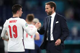 England manager Gareth Southgate shakes hands with Mason Mount after the Euro 2020 quarter-final match vs Ukraine. Picture: Nick Potts/PA Wire