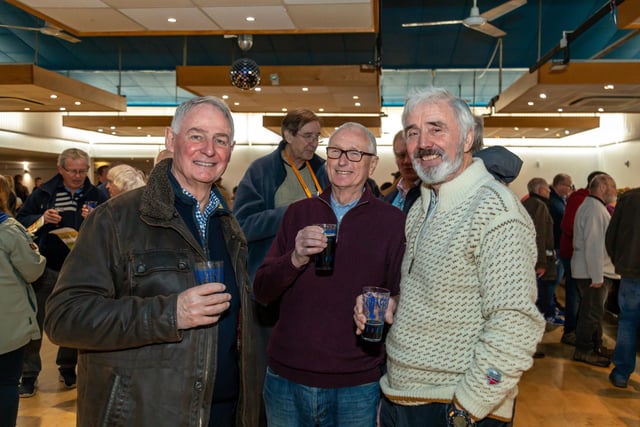 Buddies enjoying a beer at the Gosport Winterfest. Pictured: Kevin Bone, Chris Poli and John Forster. Picture: Mike Cooter (250223)