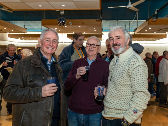 Buddies enjoying a beer at the Gosport Winterfest. Pictured: Kevin Bone, Chris Poli and John Forster. Picture: Mike Cooter (250223)