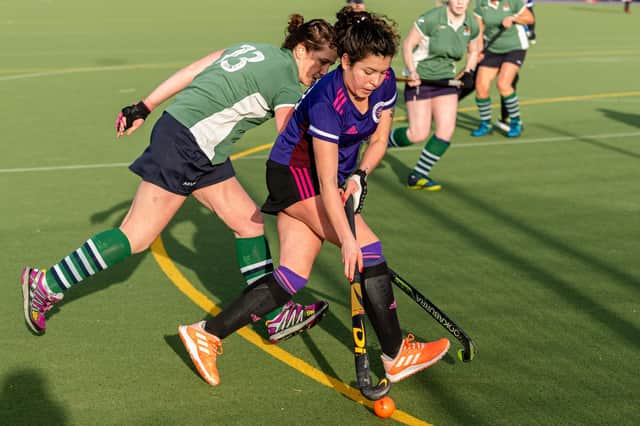 Portsmouth's Sofia Gomez, right, in action against Havant. The ladies finished third in the top flight of the Hampshire Women's League. Picture: Vernon Nash