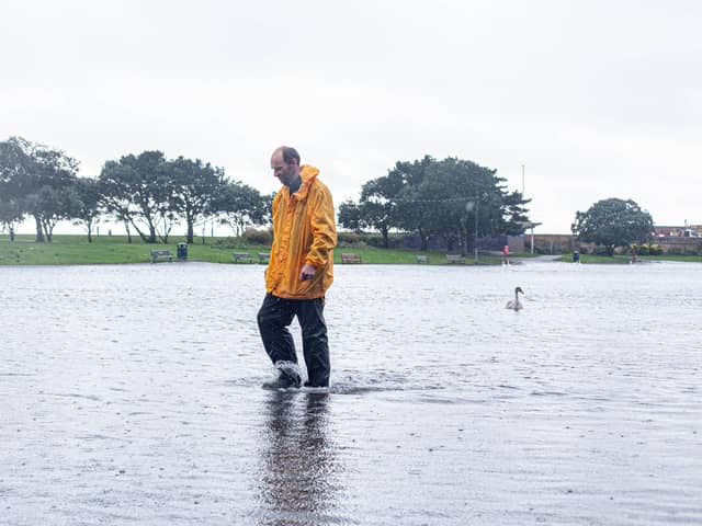 Flooding around Southsea on Thursday 2nd November 2023. Pictured: Scott Iroume-Smith at Canoe lake, Southsea. Picture: Habibur Rahman