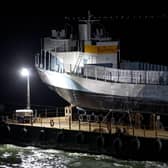 LCT 7074 passing the Round Tower in Old Portsmouth last night. Picture: Andrew Matthews/PA Wire