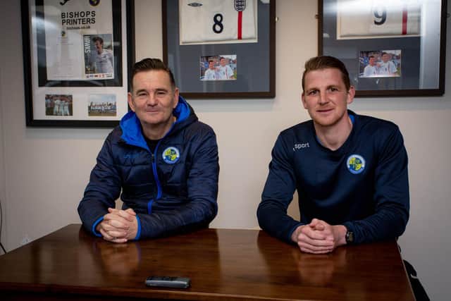 Joe Oastler, right, with Hawks boss Paul Doswell at the official launch of the new Havant & Waterlooville Pro:Direct Academy this month. Picture: Habibur Rahman