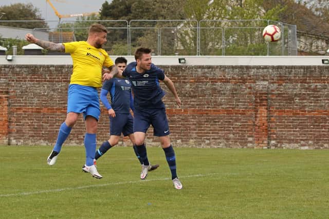 Shane Cornish scores with a header as Milton Rovers defeated North End Cosmos 3-0 at Furze Lane. Pic: Kevin Shipp