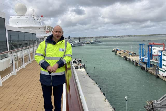 Mike Sellers, director of Portsmouth International Port, taken on board Viking's Venus on May 10, 2021, showing the new cruise liner berth. 