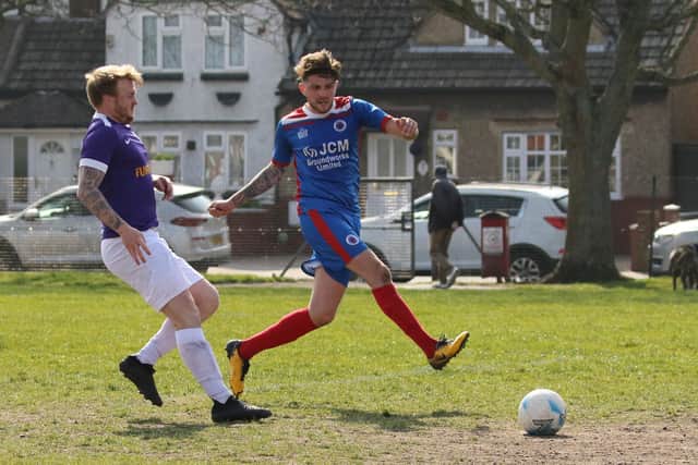 The Meon's James Cowan scores one of his two goals against Southsea United. Picture by Kevin Shipp