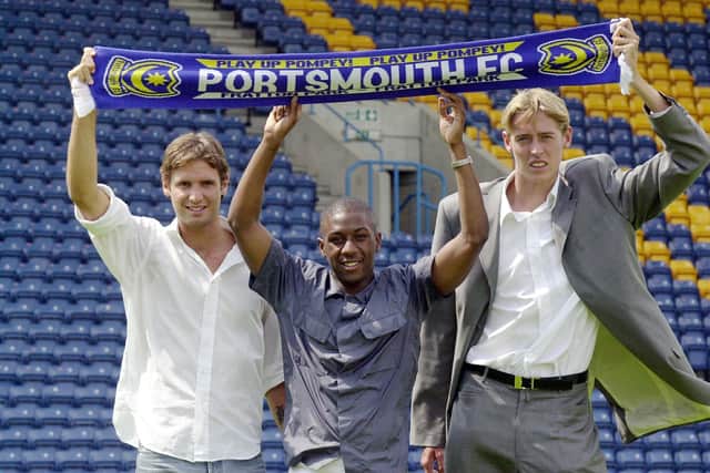 Courtney Pitt was unveiled as a Pompey player alongside Alessandro Zamperini and Peter Crouch in July 2001. Picture: Allan Hutchings