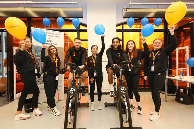 From left, Sydney Leverton, Aya Keder, Mike Saunders, the brains behind the fundraiser, Holly Cornwall, Mitu Rahman, Sophia Jarrom and Lilly Besley. Staff at the Nike Unite shop, Gunwharf Quays, Portsmouth, take part in a fundraiser for Ace Rewcastle's family
Picture: Chris Moorhouse (jpns 040223-01)