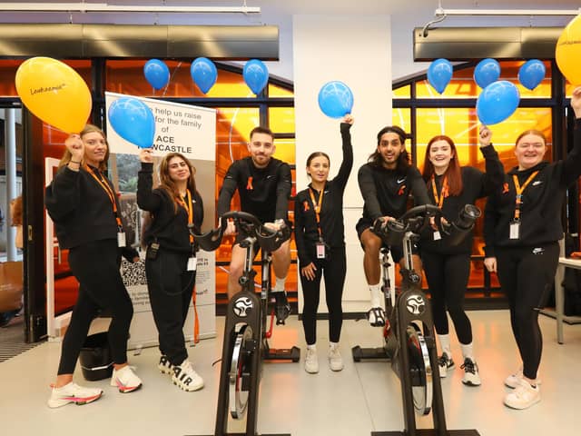From left, Sydney Leverton, Aya Keder, Mike Saunders, the brains behind the fundraiser, Holly Cornwall, Mitu Rahman, Sophia Jarrom and Lilly Besley. Staff at the Nike Unite shop, Gunwharf Quays, Portsmouth, take part in a fundraiser for Ace Rewcastle's family
Picture: Chris Moorhouse (jpns 040223-01)