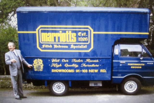 Patrick Marriott, managing director of Marriotts, and also a picture of him with the firm's delivery van in the 1980s