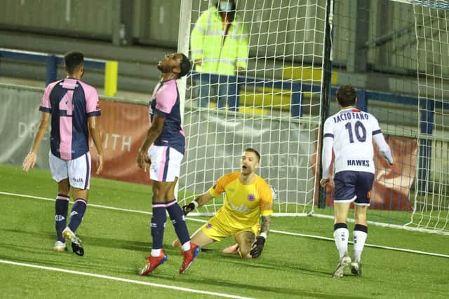 Joe Iaciofano watches the ball go in off of Hamlet's Jordan Agahatise for his side's second goal. Picture: Dave Haines.