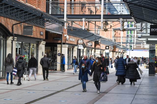 Shoppers at Gunwharf Quays on April 12, after lockdown restrictions were eased. Picture: Finnbarr Webster/Getty Images