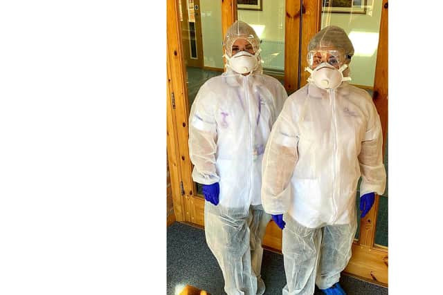 Left to right: Care manager Amy Hall and client assessor Danielle Hellon from Verina Daly Care in their personal protective equipment (PPE) used for visiting clients during the coronavirus outbreak. Care service owner Verina Daly believed the government should be providing PPE for all carers. Picture: VDC