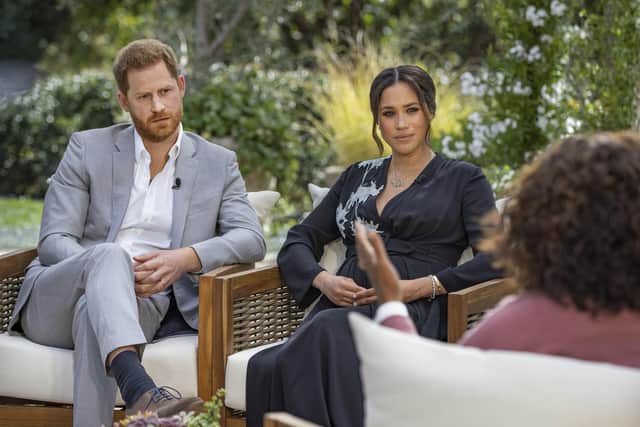 Handout photo supplied by Harpo Productions showing the Duke and Duchess of Sussex during their interview with Oprah Winfrey which was broadcast in the US on March 7.
Photo credit should read: Joe Pugliese/Harpo Productions/PA Wire