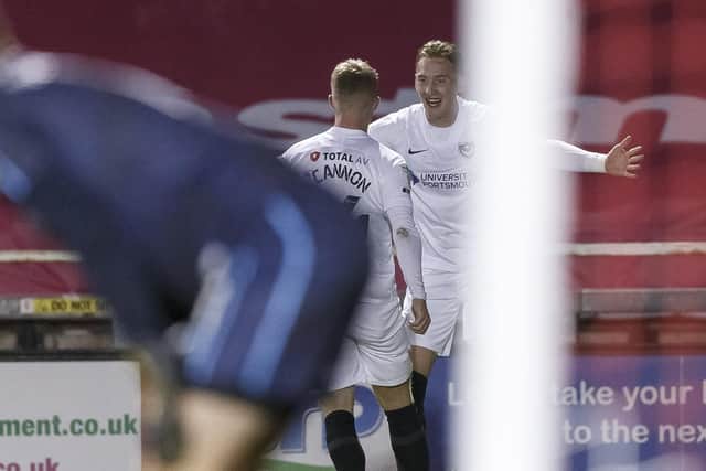 Ronan Curtis celebrates his goal with Andy Cannon. Picture: Daniel Chesterton/phcimages.com