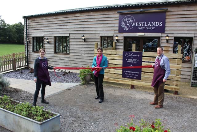 Westlands Farm in Pricketts Hill, Wickham has relaunched its farm shop. Meon Valley MP Flick Drummond attended its launch, pictured here with owners Graham and Kayleigh Collett.