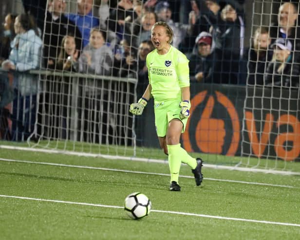 Hannah Haughton celebrates a penalty save. Pictureby Dave Haines)