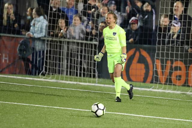 Hannah Haughton celebrates a penalty save. Pictureby Dave Haines)