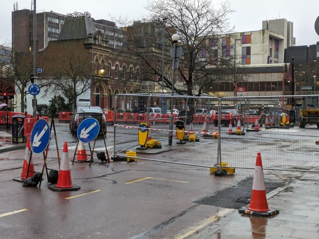Construction underway outside Portsmouth and Southsea railway station.