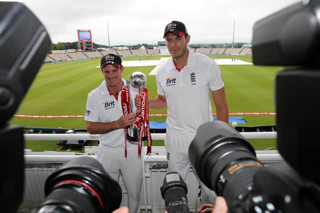 England captain Andrew Strauss (left) and man of the match Chris Tremlett pose with the npower series trophy at Hampshire's Ageas Bowl after England had completed a 1-0 series victory in June 2011. Pic: David Davies/PA Wire.