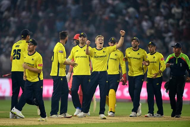 Nathan Ellis of Hampshire celebrates after victory in the Vitality Blast Final . Photo by Alex Davidson/Getty Images