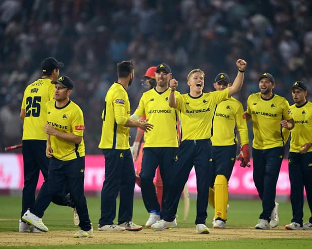 Nathan Ellis of Hampshire celebrates after victory in the Vitality Blast Final . Photo by Alex Davidson/Getty Images