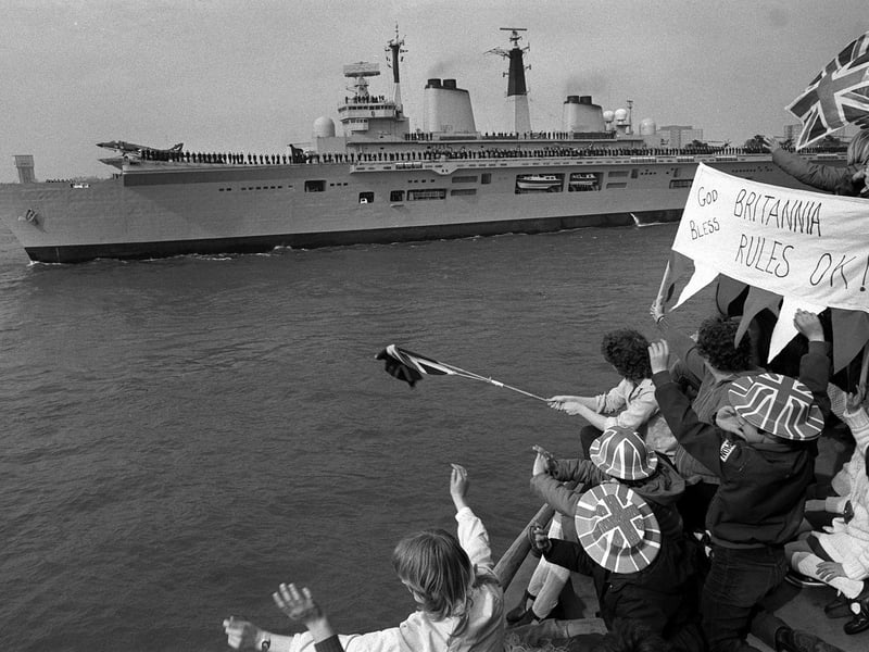 Royal Navy aircraft carrier HMS Invincible leaving Portsmouth to a patriotic send-off. She is to lead the task force to the Falkland Islands 5th April 1982. Picture: PA Wire.