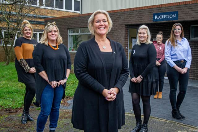 Stop Domestic Abuse staff, Rachel Windebank, Carla Payne, CEO Claire Lambon, Chelsea Haslett, Czarina Jacobs and Paige Merrett outside their office in Havant on 26 November 2020.
Picture: Habibur Rahman