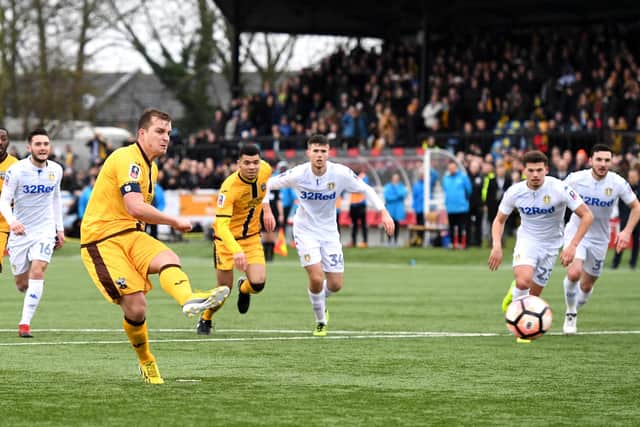 Jamie Collins converts Sutton's winner from the penalty spot against Leeds in January 2017. Photo by Mike Hewitt/Getty Images.