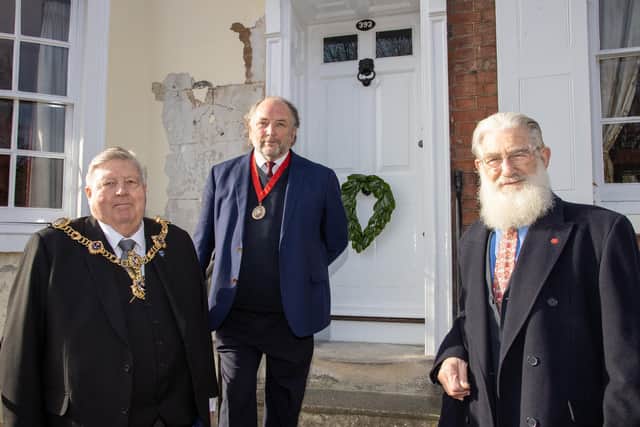 Lord Mayor Cllr Frank Jonas, with,  Ian Dickens, centre and chairman of the Birthplace Branch of the Dickens Fellowship Tim Suffolk, right. Photos by Alex Shute