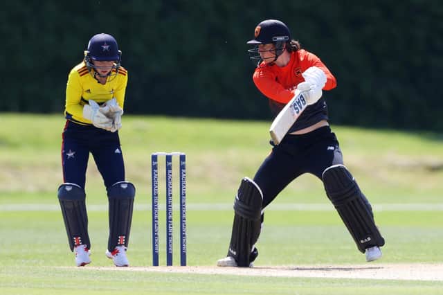 Georgia Elwiss  hit an unbeaten 84 off 77 balls as the Southern Vipers topped the Rachael Heyhoe Flint Trophy group and progressed straight to the final. Photo by James Chance/Getty Images.