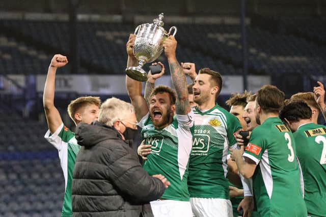 Moneyfields celebrate beating Baffins on penalties to win the Portsmouth Senior Cup in May 2021 (the delayed final of the 2019/20 tournament). Picture by Chris Moorhouse.