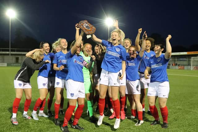 Pompey Women celebrate their Portsmouth Divisional FA Women's Cup win. Picture: Dave Haines
