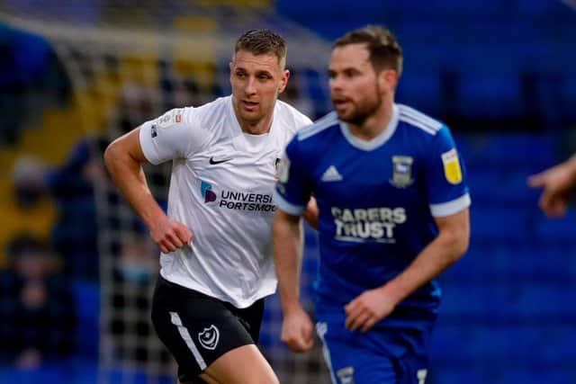 Pompey defender Lee Brown before his early withdrawal against Ipswich on Saturday.