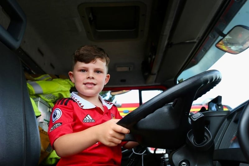 Luca Davey, 5, in fire engine.