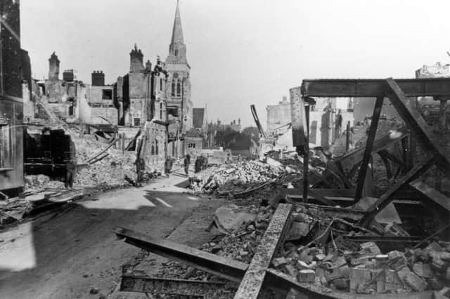 Palmerston Road, Southsea, with St Jude's Church surveying the wreckage.