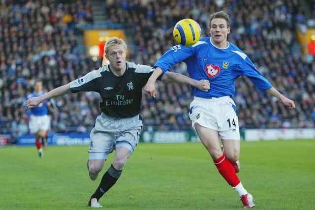 Matt Taylor tussles with Chelsea's Damien Duff in December 2004 at Fratton Park. Picture: Mike Hewitt/Getty Images