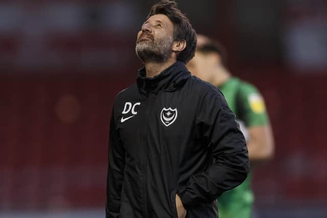 Danny Cowley looks dejected after Pompey's goalless draw at Crewe. Picture: Daniel Chesterton/phcimages.com