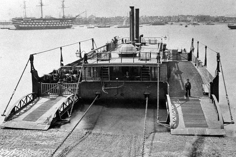 The old chain ferry linking Portsmouth and Gosport in 1900. Running from the end of Broad Street, Old Portsmouth, to Gosport Hard, this floating bridge operated across the harbour for 119 years.