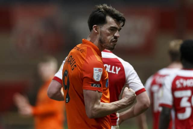 John Marquis celebrates Pompey's 1-0 win at Fleetwood.  Picture: Daniel Chesterton/phcimages.com