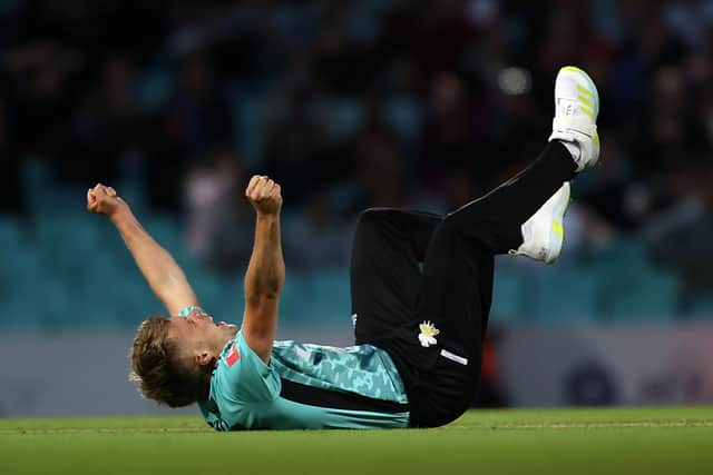 Sam Curran  celebrates taking his fifth wicket. Photo by Ben Hoskins/Getty Images for Surrey CCC.