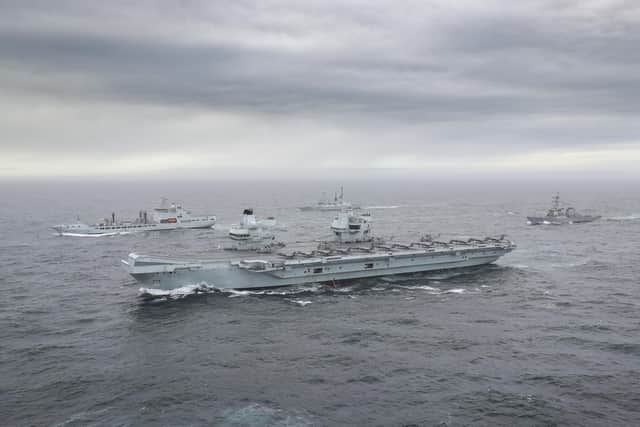 The full UK carrier strike group assembled for the first time during an exercise on October 4. Aircraft carrier HMS Queen Elizabeth leads a flotilla of destroyers and frigates from the UK, US and the Netherlands, together with two Royal Fleet Auxiliaries. It is the most powerful task force assembled by any European navy in almost 20 years. Photo: Royal Navy