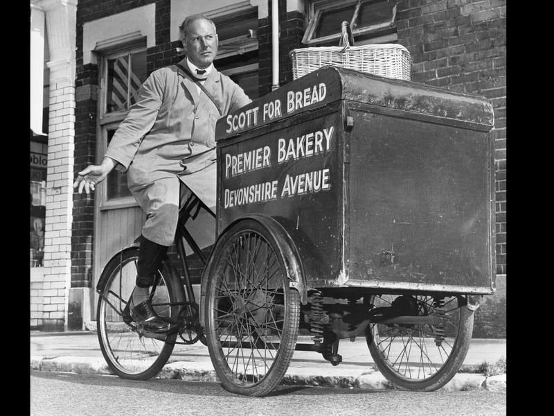 Denis Walters of Southsea delivering bread on his tricycle barrow in 1970. The News PP2063
