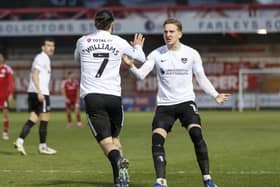 Ryan Williams celebrates with Ronan Curtis during Pompey's 3-3 draw at Accrington only 12 days ago. Picture: Daniel Chesterton