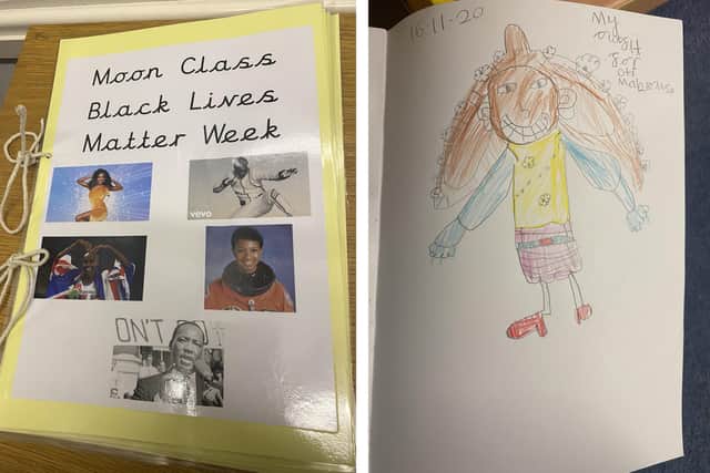 The workbooks the children used for the week and a drawing of professional dancer Oti Mabuse