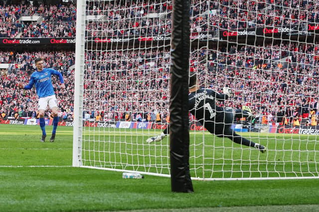 Oli Hawkins strikes the penalty which won Pompey the Checkatrade Trophy. Picture: Joe Pepler.