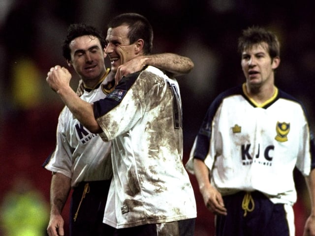 Steve Claridge celebrates scoring Pompey's winner in the FA Cup Third Round match against Nottingham Forest at the City Ground in January 1999. Picture: Laurence Griffiths/Allsport